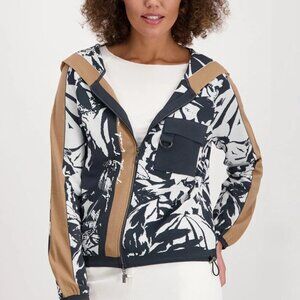 Monari Floral Print Zip Up Hooded Cardigan, Grey Multi sz38 (fits like L…